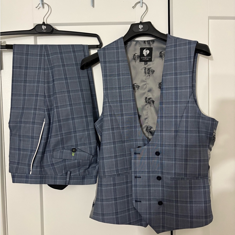 Twisted Tailor vest and dress pants in checkered blue